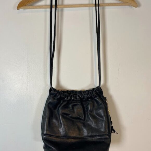 Gold Chain Tassel Women's Black Faux Leather Drawstring Crossbody Bag Small - Picture 3 of 7